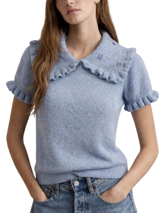 Zara Sweaters - ZARA Peter Pan Beaded Collar Blue Cropped Knit Sweater Ruffle Trim Women’s Large